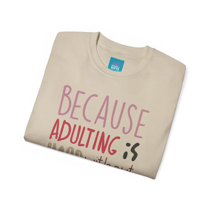 sand colored shirt with words "Because Adulting is Hard without Jesus"