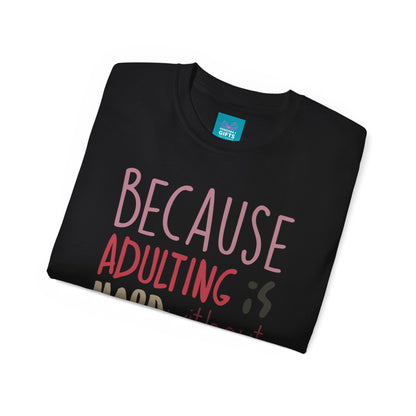 black shirt with words "Because Adulting is Hard without Jesus"
