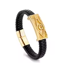 Freemasonry Black PU Leather Bracelet Cuff Braided Bracelet 8.3 inch
