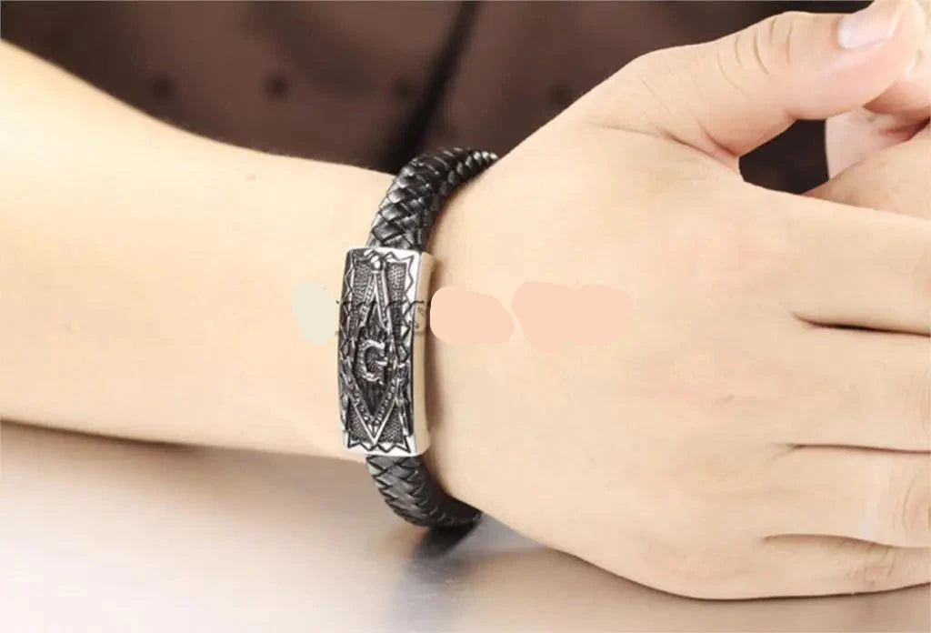 Vintage Mens Freemasonry Masonic Mason Black PU Leather Bracelet Cuff Braided Charm Bracelet