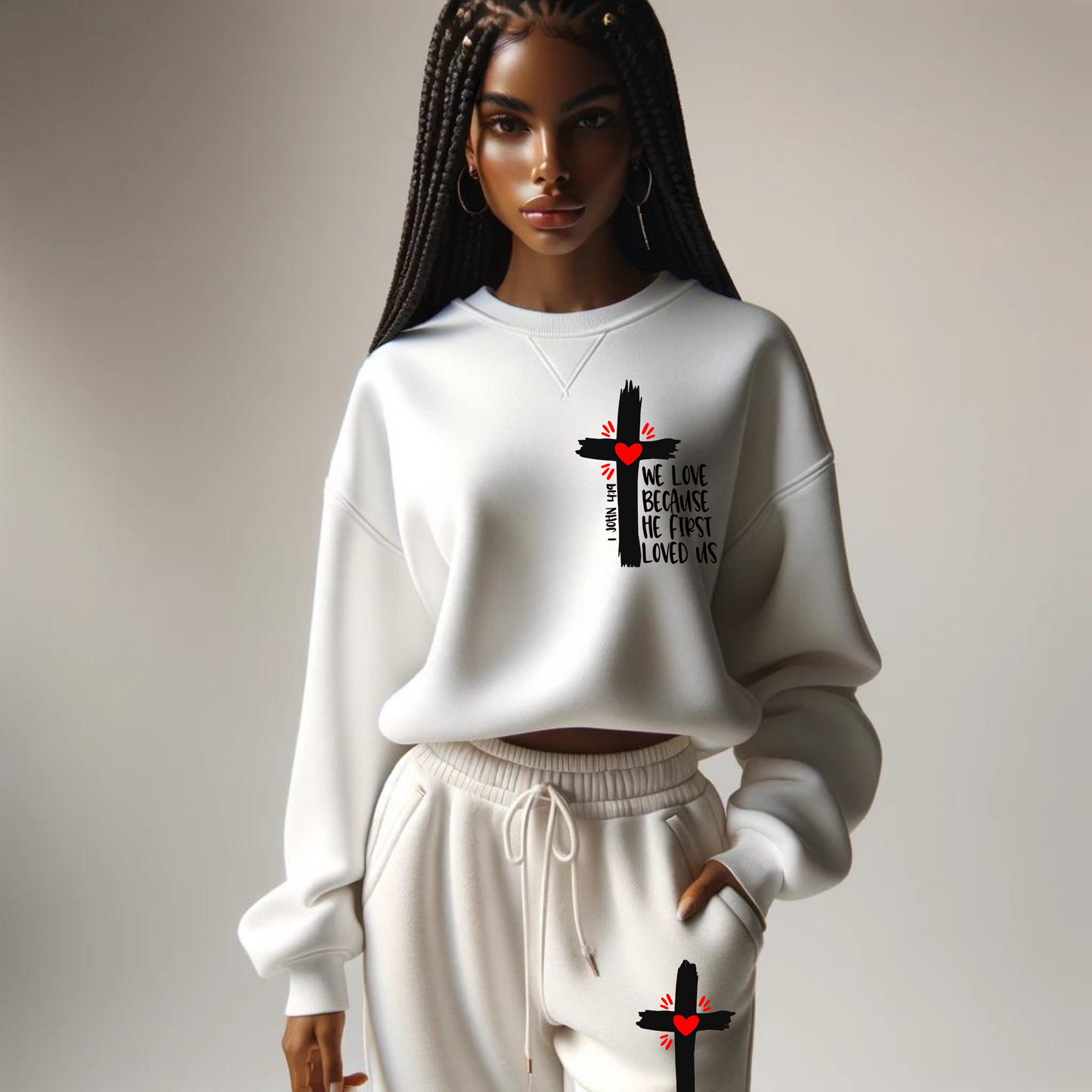 African American Woman with white sweat suit and jogging pants. Black Cross with the words We Love because he first Loved