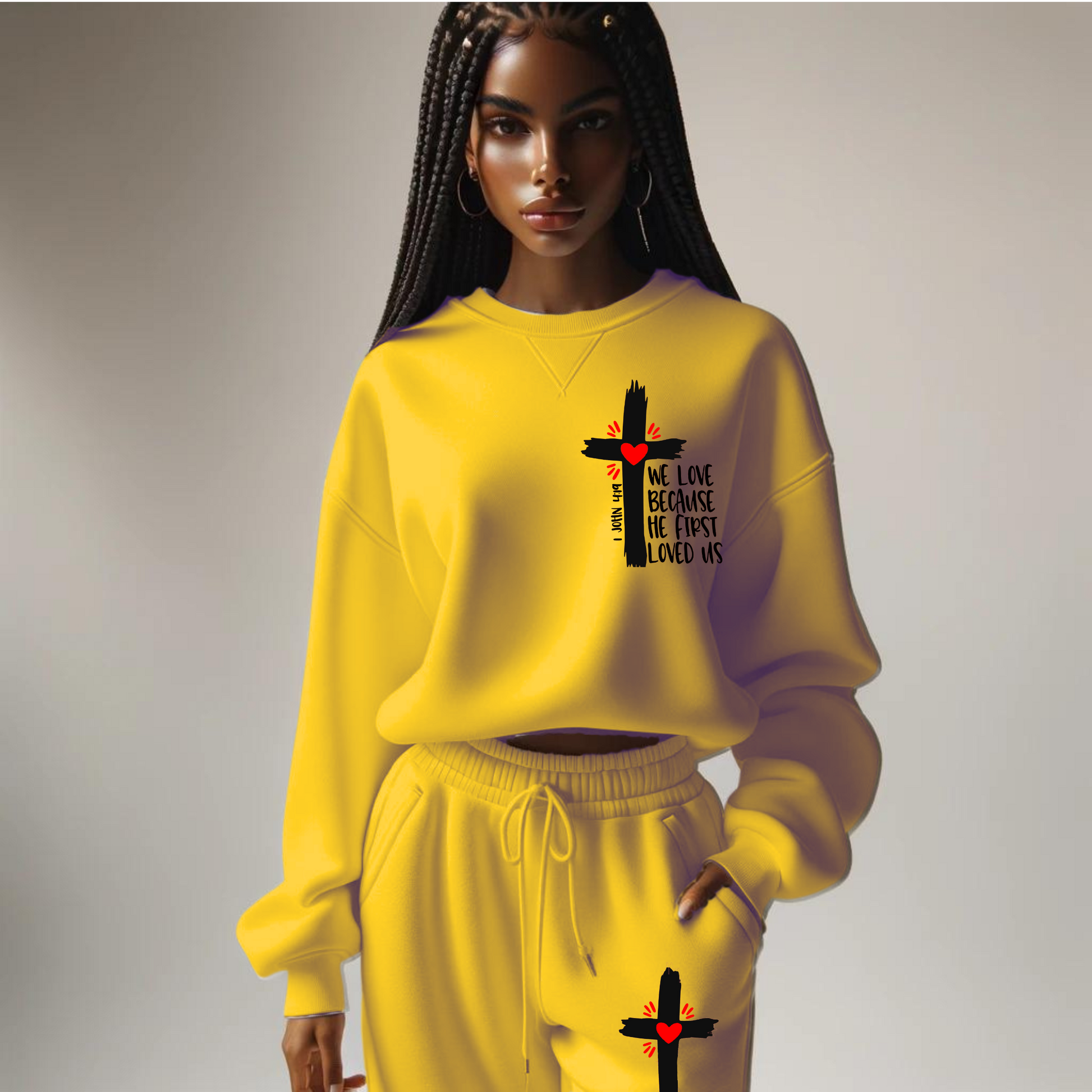 African American Woman with Yellow sweat suit and jogging pants. Black Cross with the words We Love because he first Loved