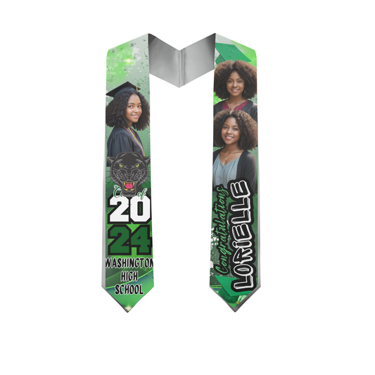 Green Graduation Stohl mock up featuring girl graduate for 2024 and a panther mascot