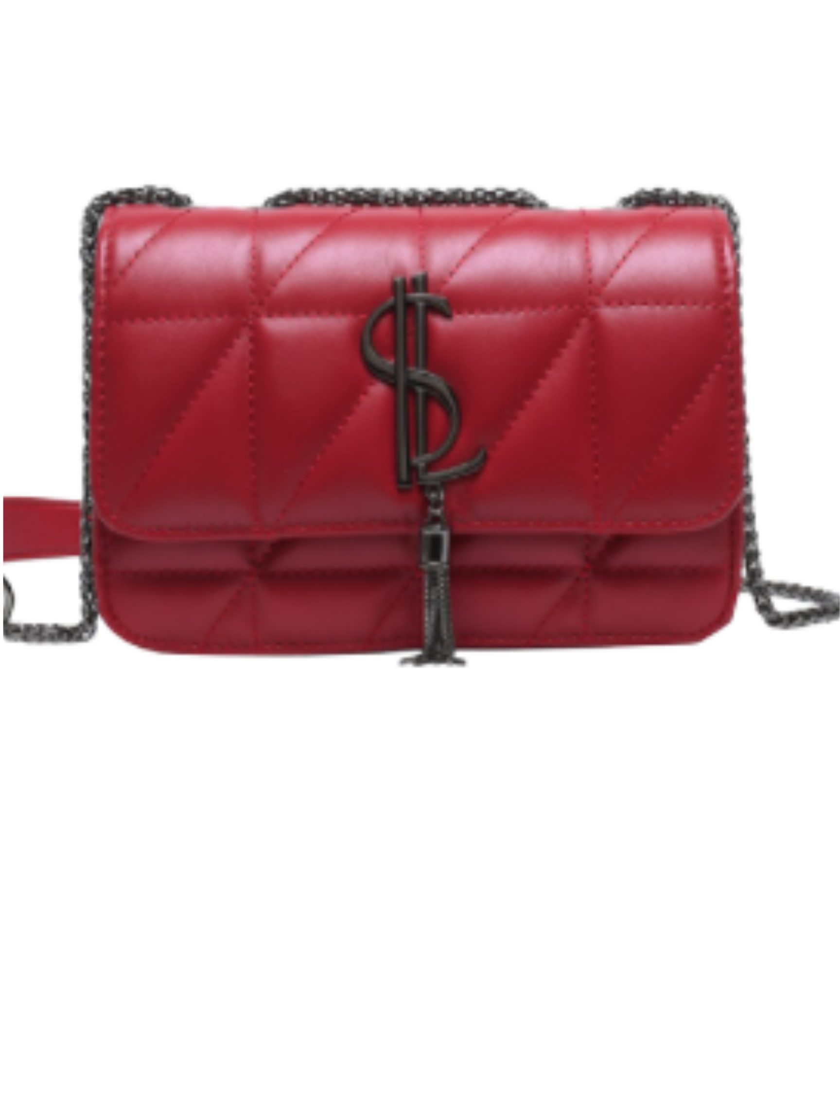 Luxury red quilted crossbody bag with tassel and metal detail