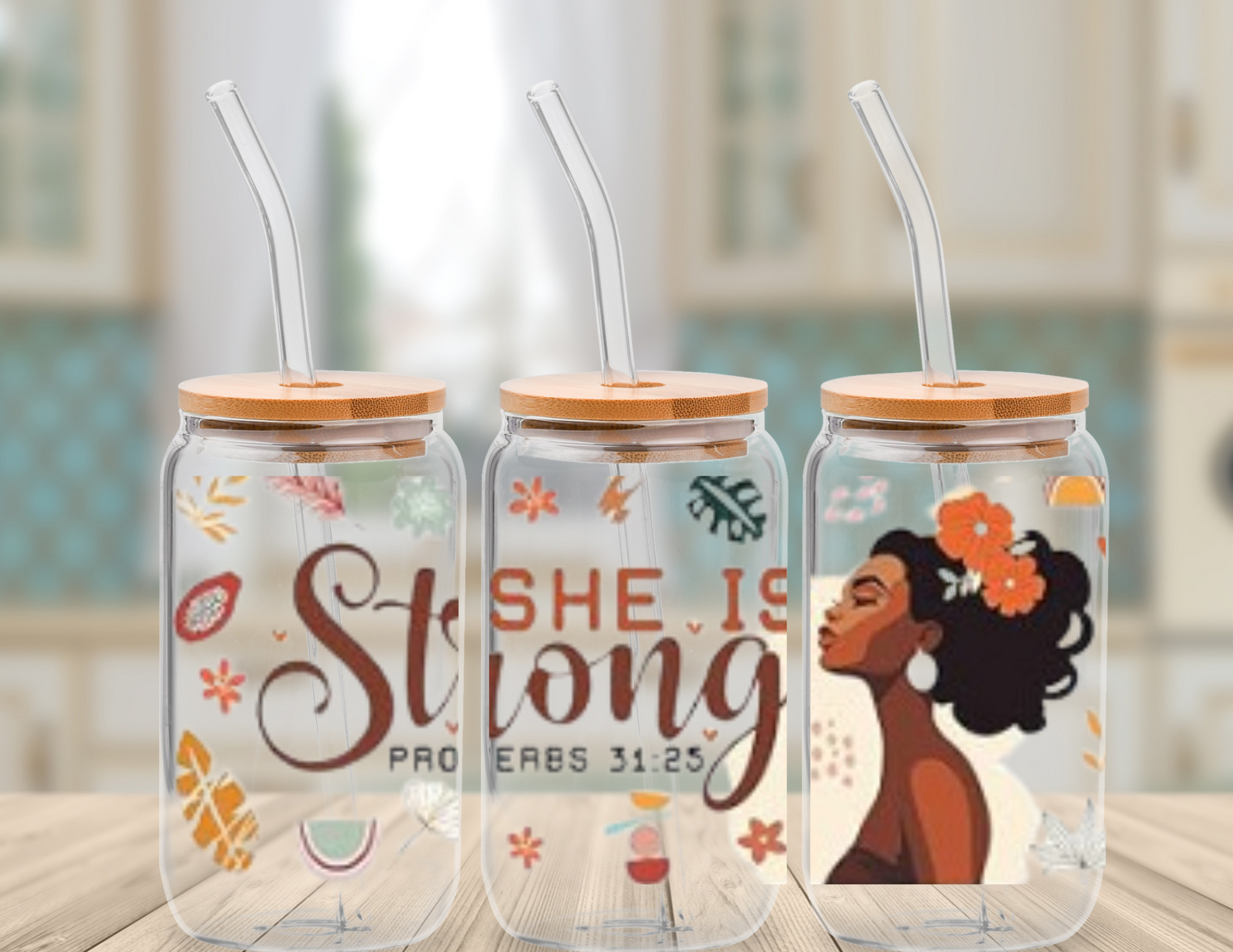 She is Strong self affirmation glass tumbler with bamboo lid