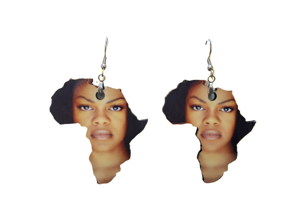 Custom earrings, Africa shaped with a beautiful woman outlined in the earring