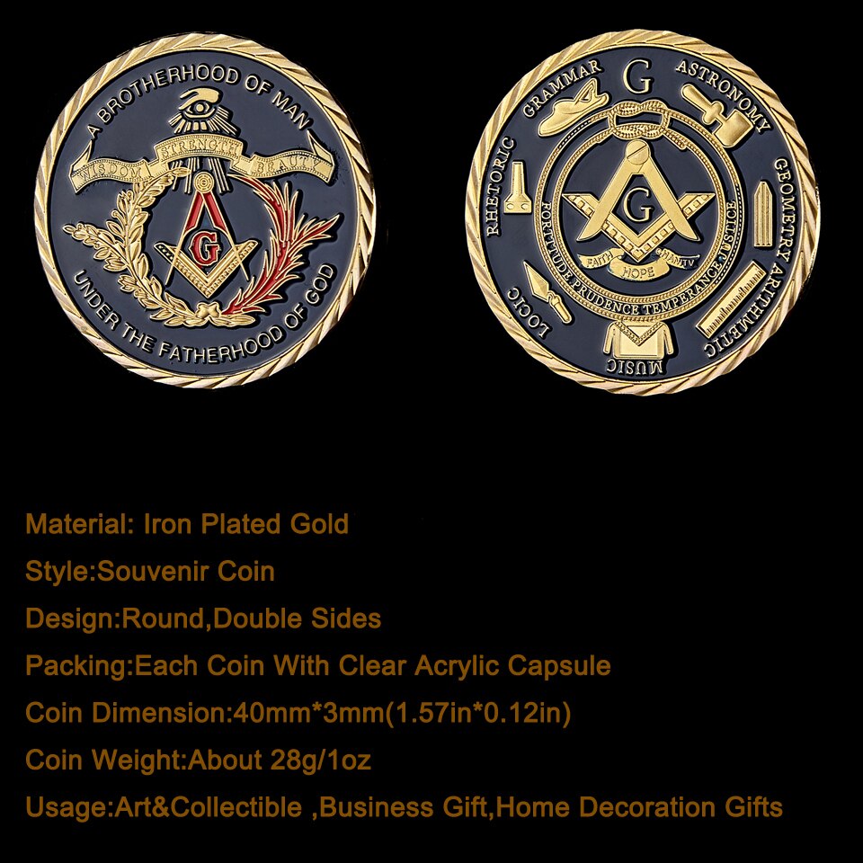 Pandora J Masonic Free Mason Brotherhood Commemorative Coin Gold Plated Two Tone  Medallion, Metal Badge