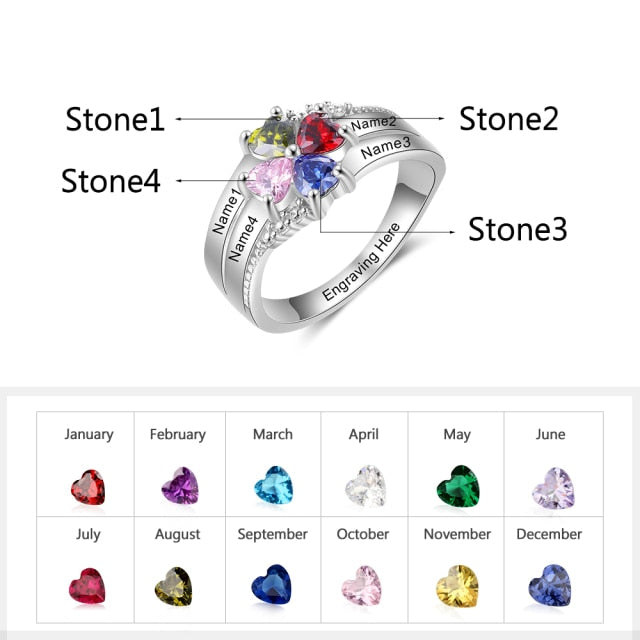 Customized Family Name Mothers Ring with 4 Heart Birthstones Silver Color Personalized Engraved Rings for Women