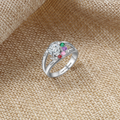Personalized Stone Birthstone Moon Rings with Inlaid Jewel