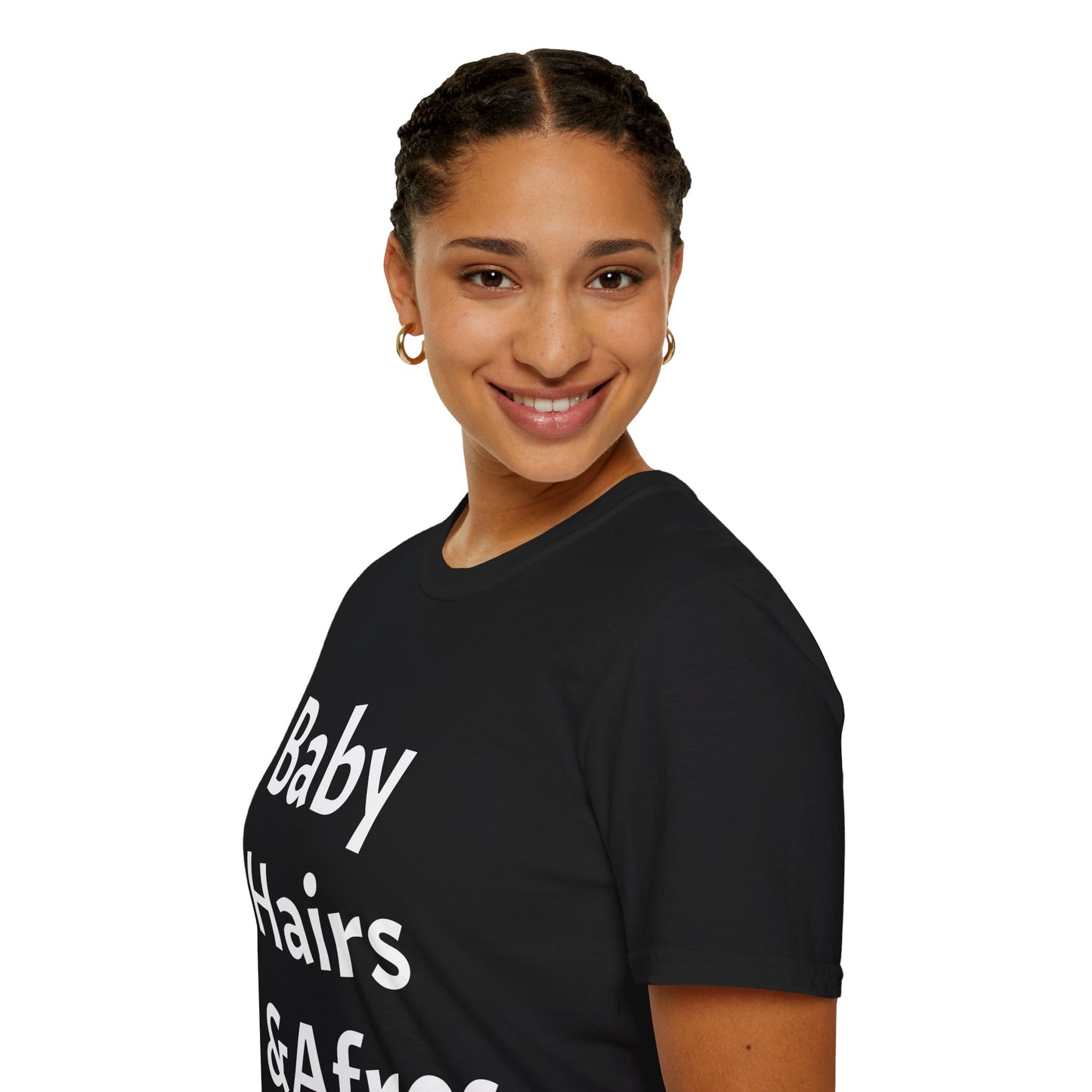 young girl wearing Black T shirt with words "Baby Hairs and Afros " 