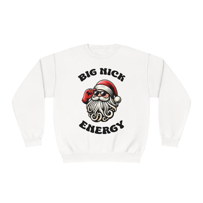 White Sweatshirt with Santa Clause with Sunglasses on that reads "Big Nick Energy"
