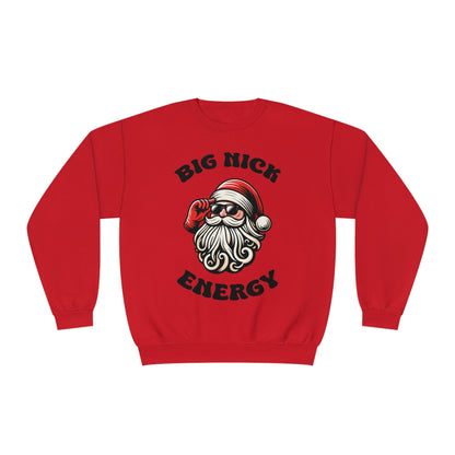 Red Sweatshirt with  Santa Clause with Sunglasses on that reads "Big Nick Energy"