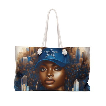 Tote bag with a Black woman in a Blue base ball cap with the City of Dallas in the background.