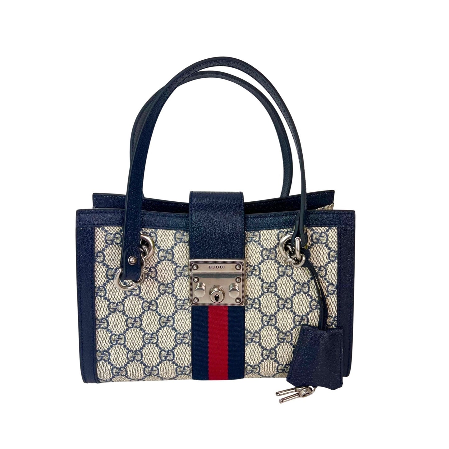 Gucci GG Supreme Dollar Calfskin Web Small Padlock Navy Tote