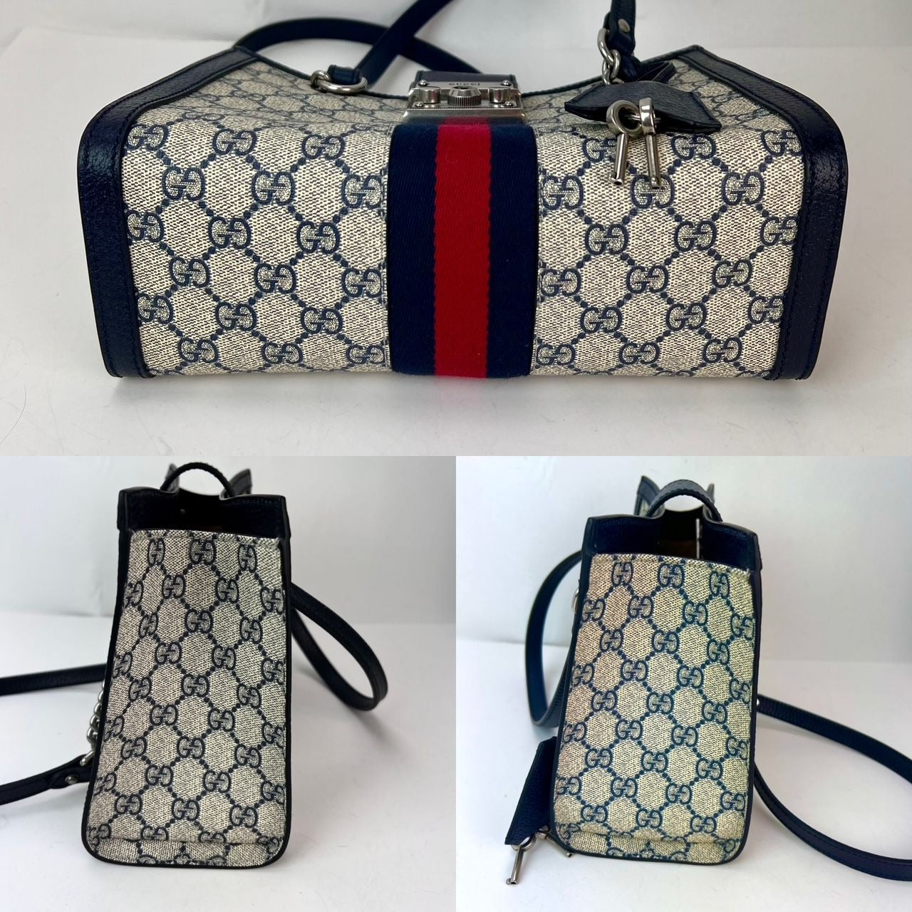 Gucci GG Supreme Dollar Calfskin Web Small Padlock Navy Tote