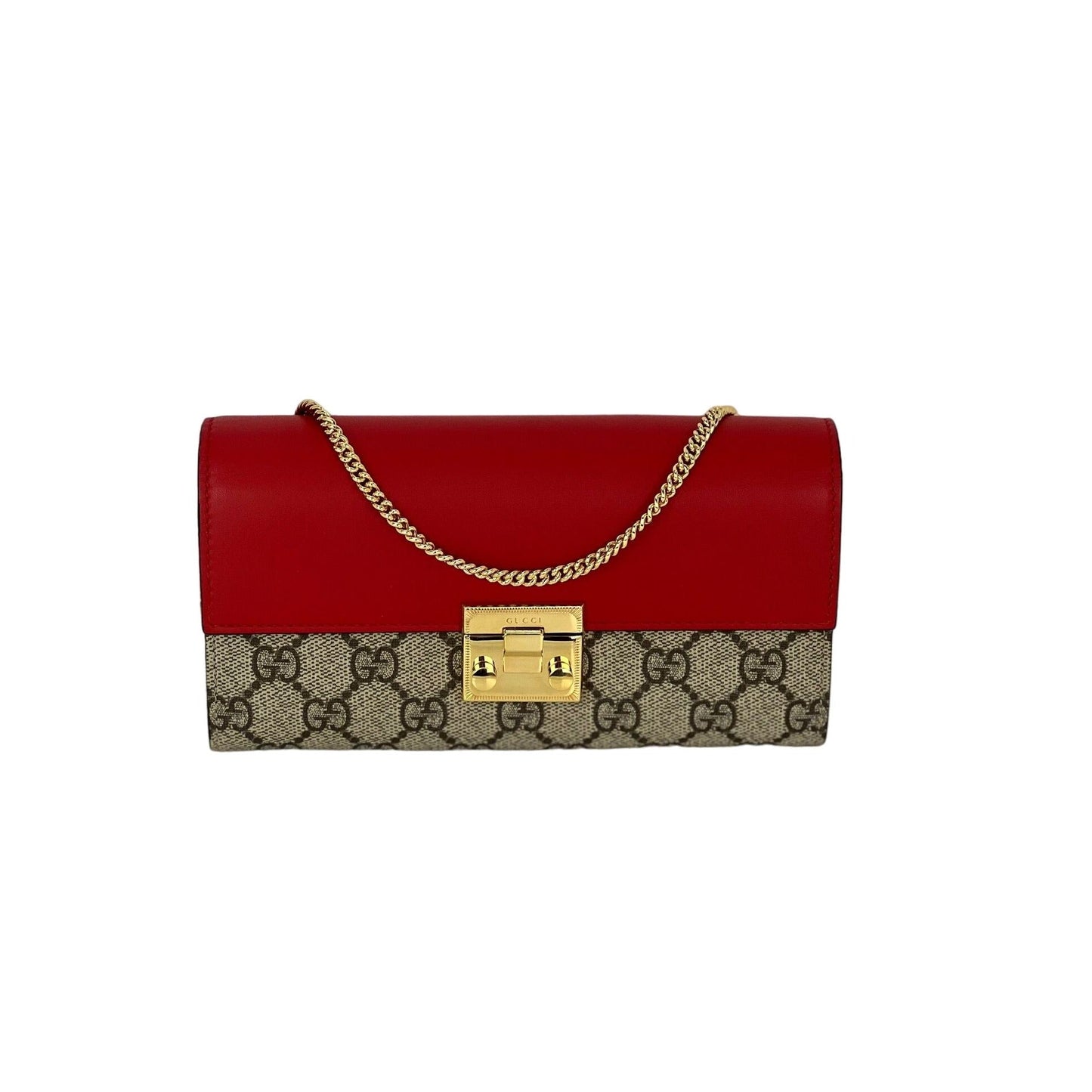 Gucci GG Supreme Continental Wallet on a Chain Red Pink Clutch