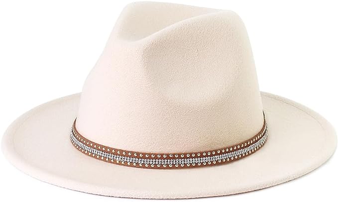 Pandora J Women's Flat Wide Brim Teardrop Crown Felt Fedora Hat with Hat Belt