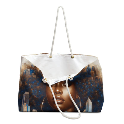 Tote bag with a Black woman with the City of Dallas in the background.