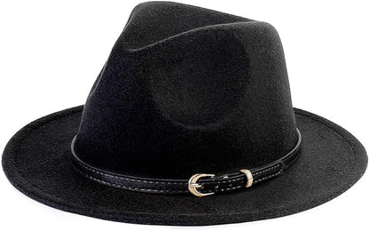 Pandora J Women's Flat Wide Brim Teardrop Crown Felt Fedora Hat with Hat Belt