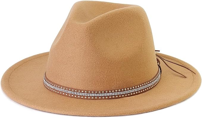 Pandora J Women's Flat Wide Brim Teardrop Crown Felt Fedora Hat with Hat Belt