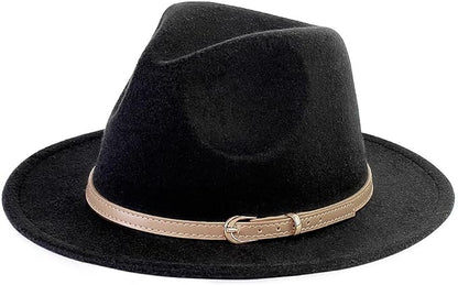 Pandora J Women's Flat Wide Brim Teardrop Crown Felt Fedora Hat with Hat Belt