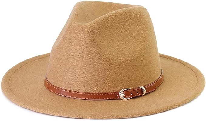 Pandora J Women's Flat Wide Brim Teardrop Crown Felt Fedora Hat with Hat Belt