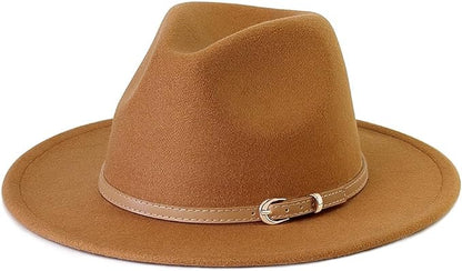 Pandora J Women's Flat Wide Brim Teardrop Crown Felt Fedora Hat with Hat Belt