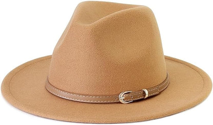 Pandora J Women's Flat Wide Brim Teardrop Crown Felt Fedora Hat with Hat Belt