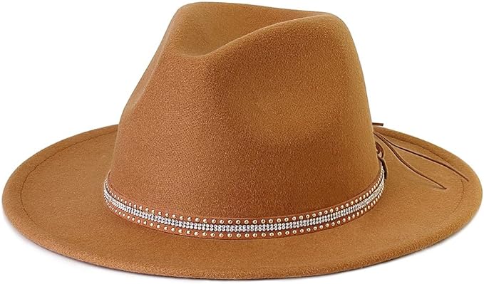 Pandora J Women's Flat Wide Brim Teardrop Crown Felt Fedora Hat with Hat Belt