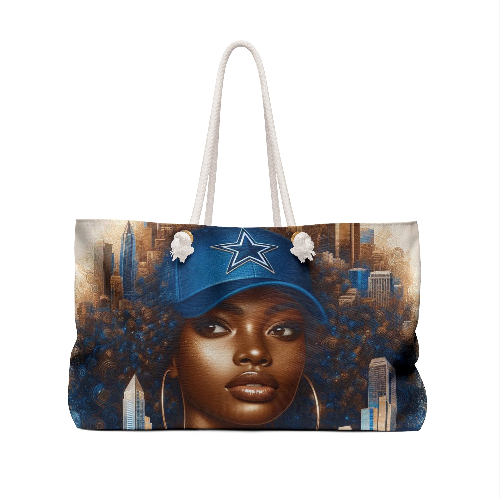 Tote bag with a Black woman in a Blue base ball cap with the City of Dallas in the background.