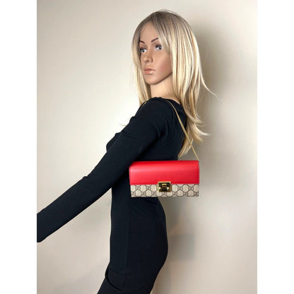 Gucci GG Supreme Continental Wallet on a Chain Red Pink Clutch