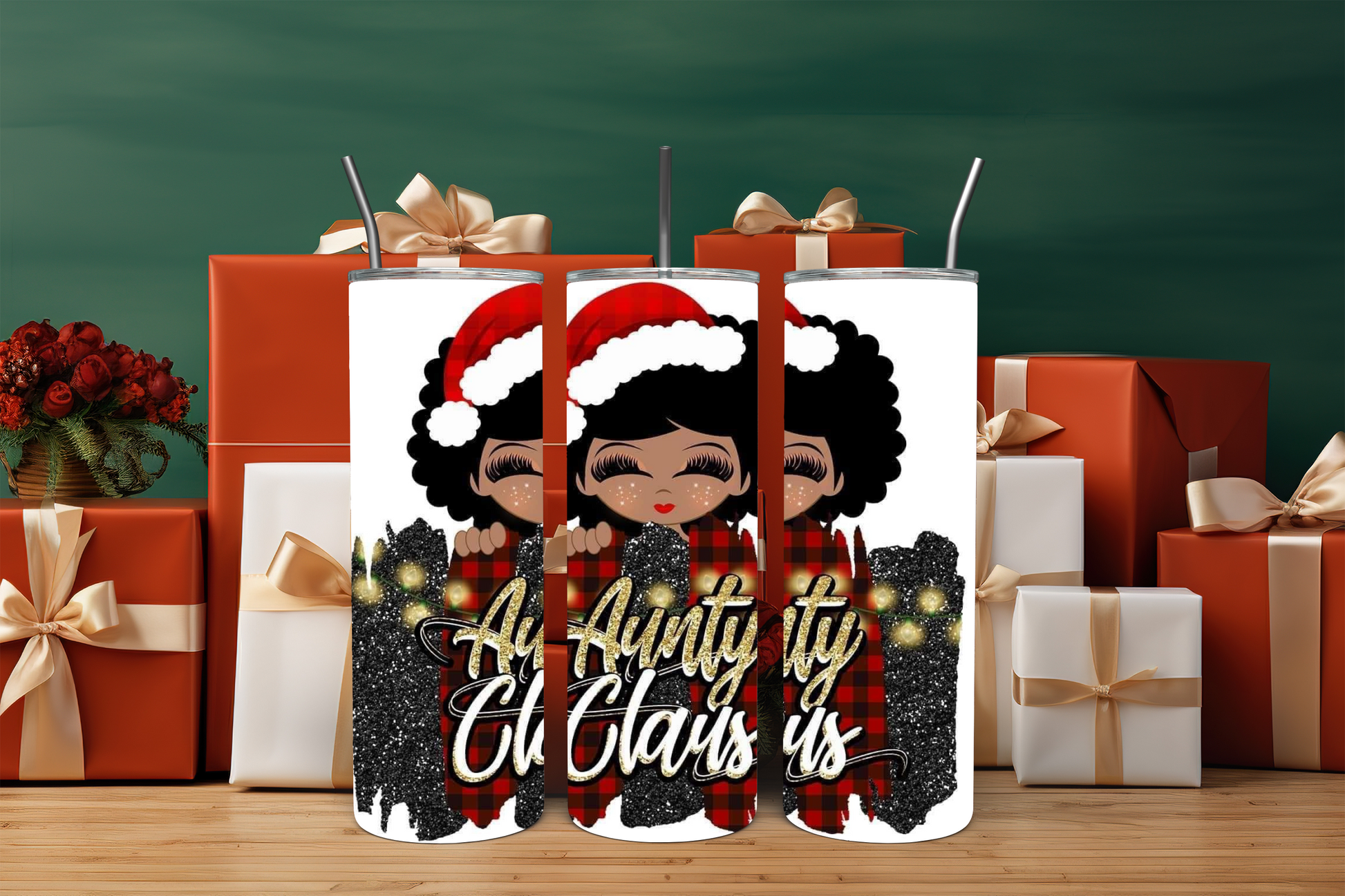 Christmas tumbler with words "aunty claus"