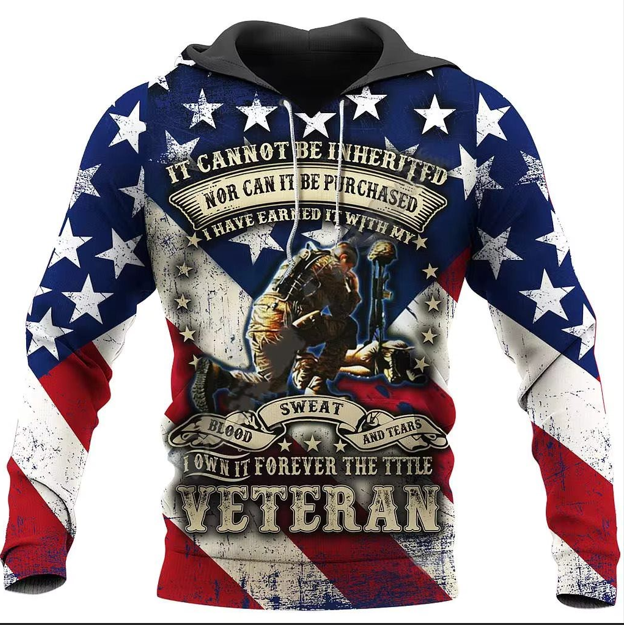 American flag hoodie with Veteran words