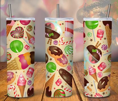 ice cream and lollipops pictured on a yellow tumbler 20 oz