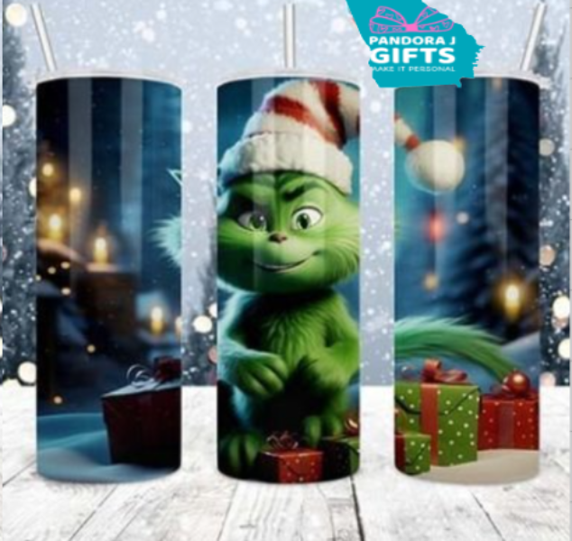 Cute Green Cat with a Christmas hat on on a tumbler 20 oz