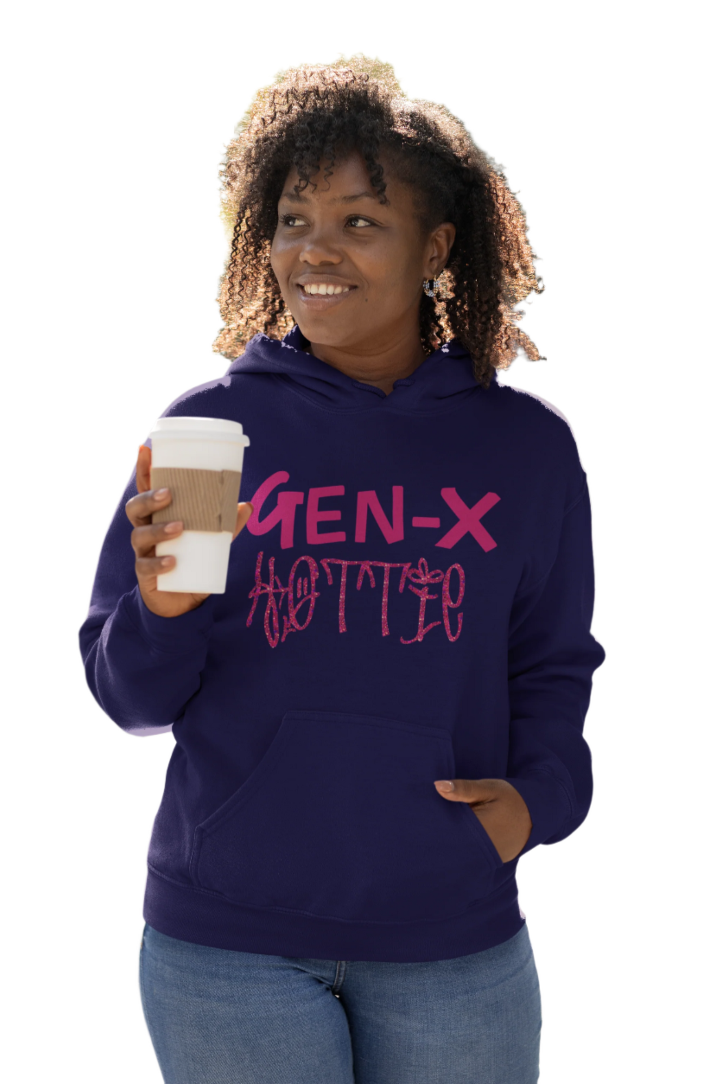 Woman with Blue hoodie saying Gen X Hottie