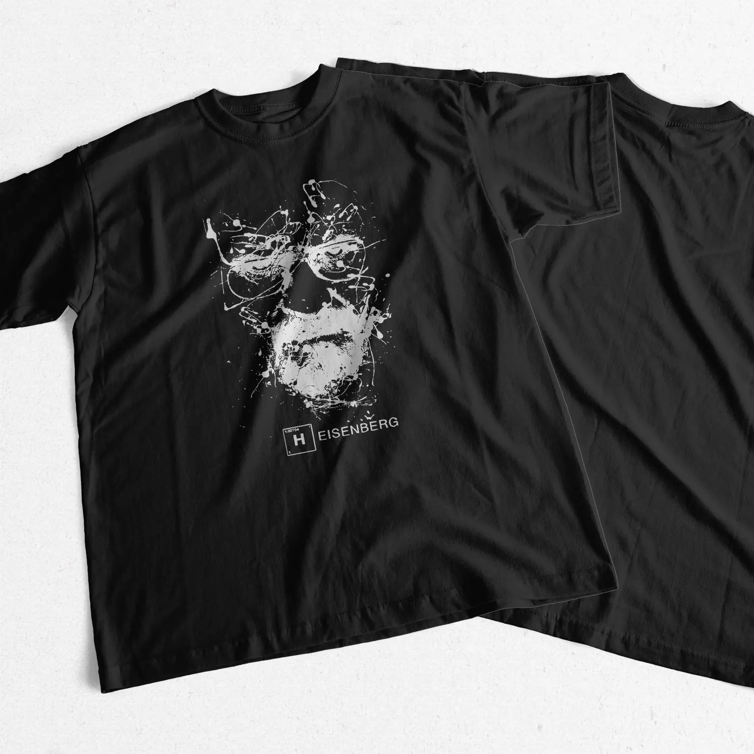 Black t-shirt with an ink splatter image of Walter White AKA Heisenberg