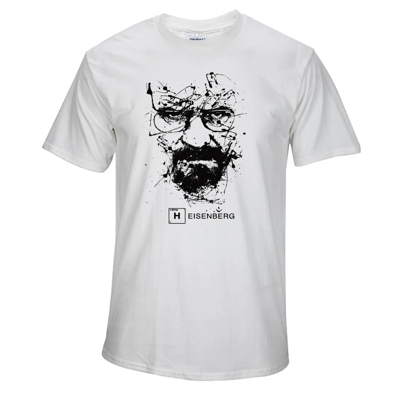 White t-shirt with an ink splatter image of Walter White AKAHeisenberg