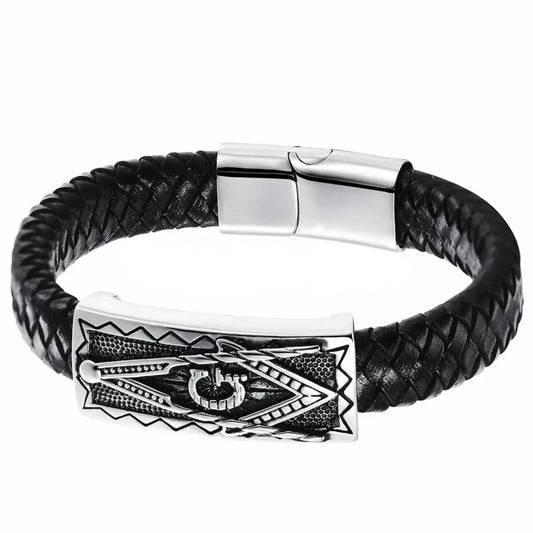 Vintage Mens Freemasonry Masonic Mason Black PU Leather Bracelet Cuff Braided Charm Bracelet