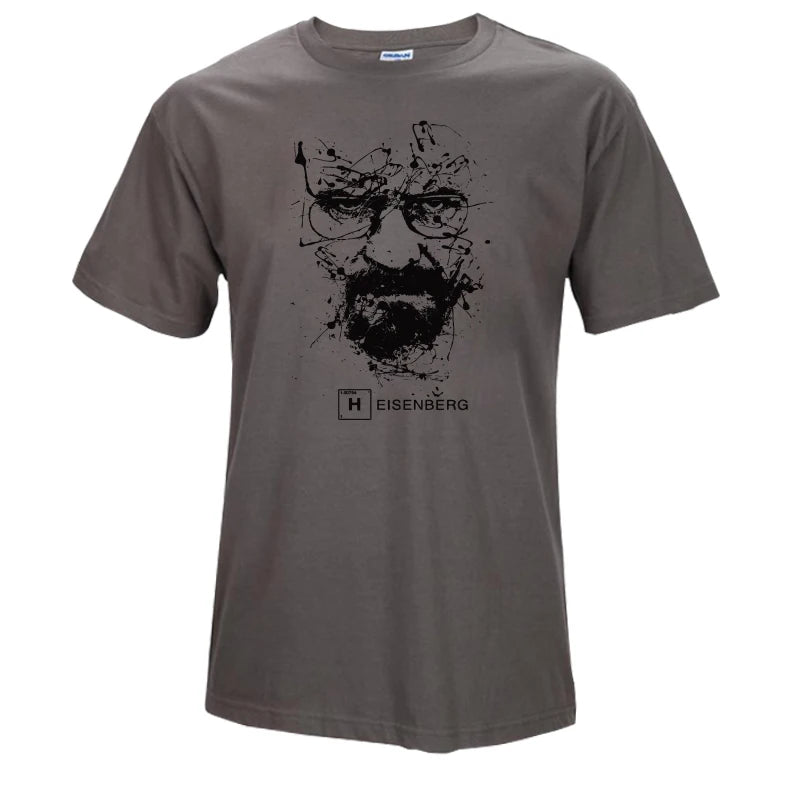 Grey t-shirt with an ink splatter image of Walter White AKA Heisenberg