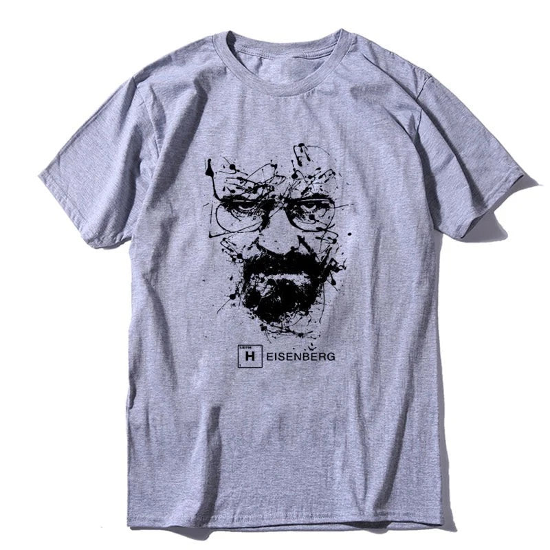 White t-shirt with an ink splatter image of Walter White AKA Heisenberg