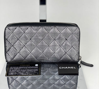 Chanel Perforated Silver Metallic Lambskin Quilted Zip Around Wallet Clutch