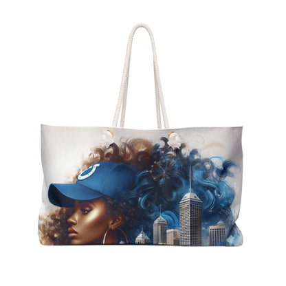 Tote bag with a Black woman in a Blue base ball cap with the City of Indianapolis in the background.