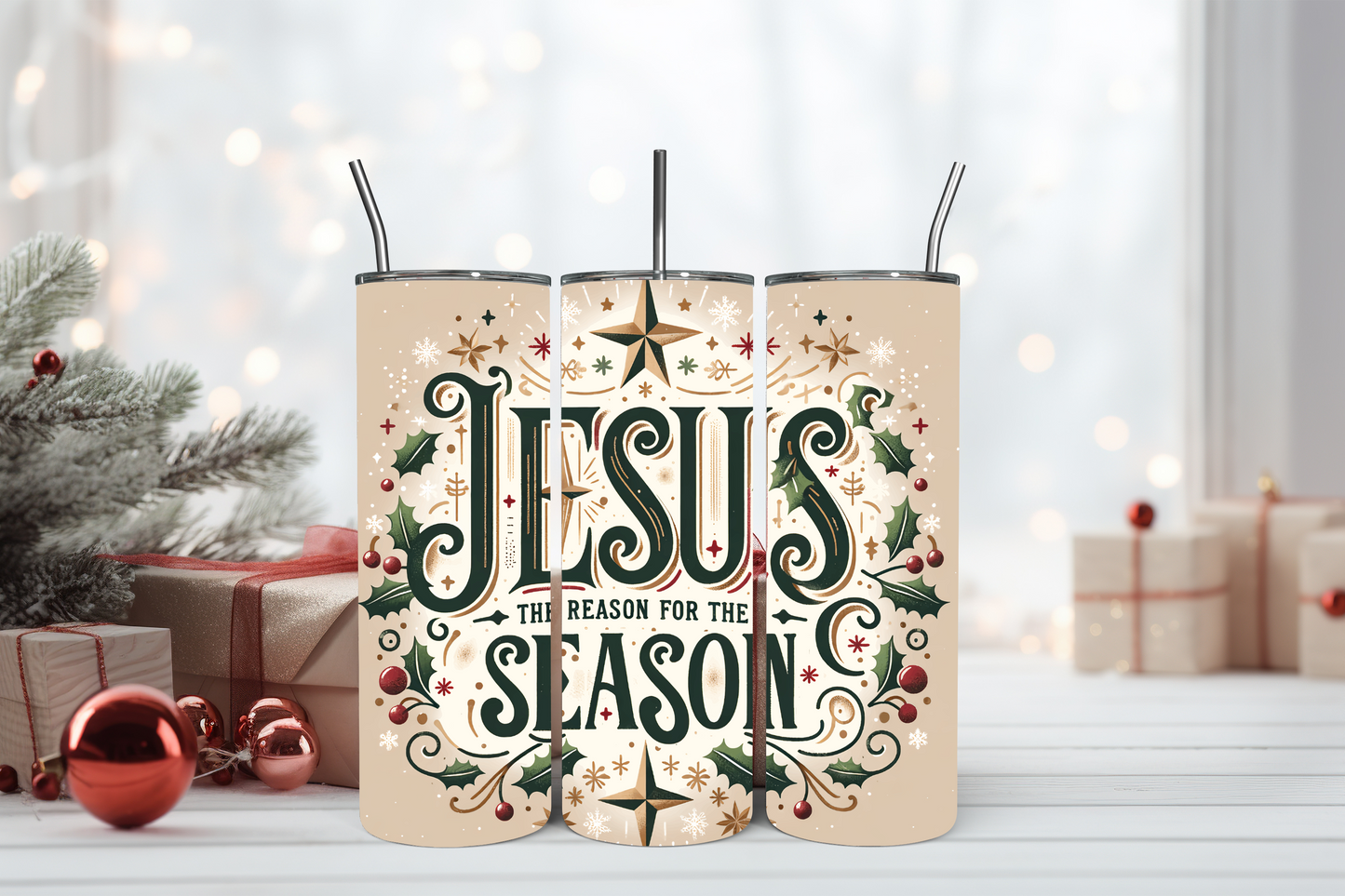 "Jesus is the reason for the season" written on a tumbler 20 oz