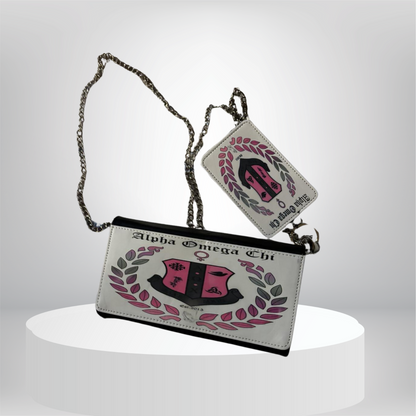 White leatherette chain purse, personalized with a sorority emblem