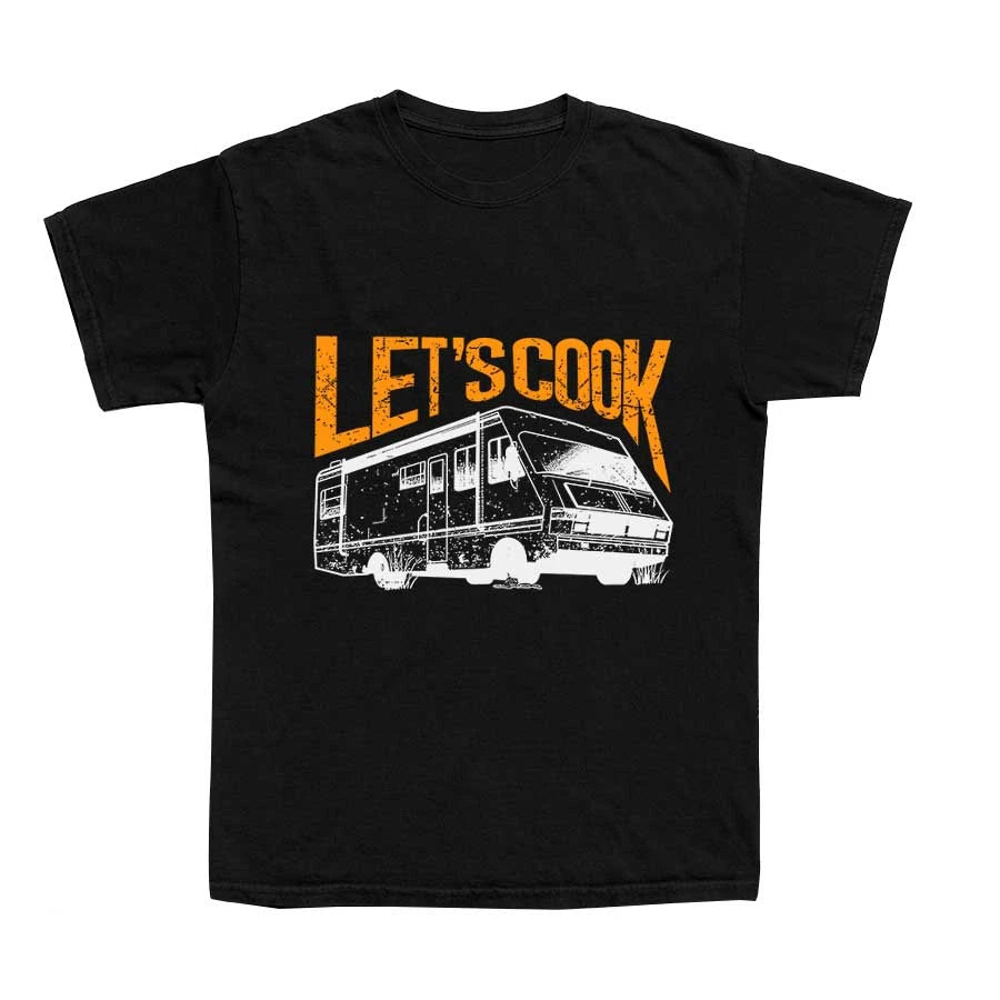 A black shirt with an RV. In Orange letters the words "Let's cook"