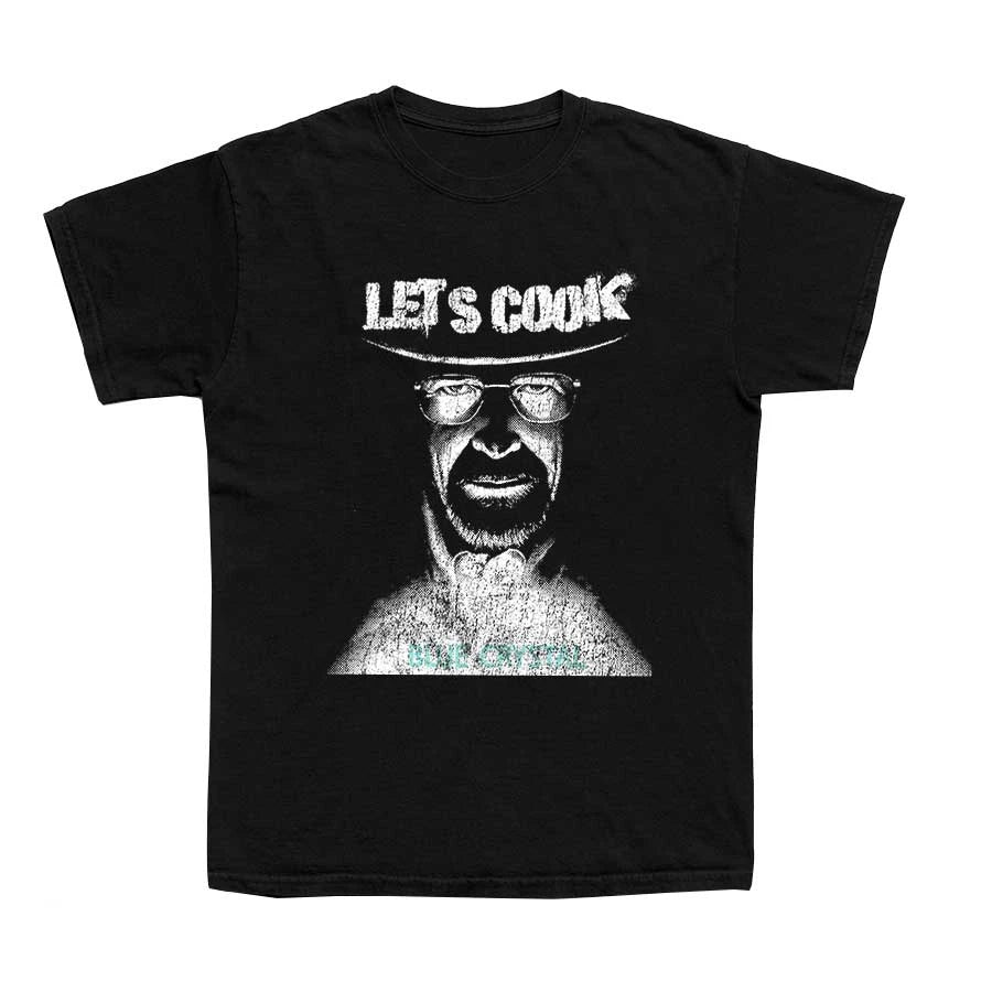 A black shirt with a dark image of Walter White/  Heisenberg and the words "Let's Cook"