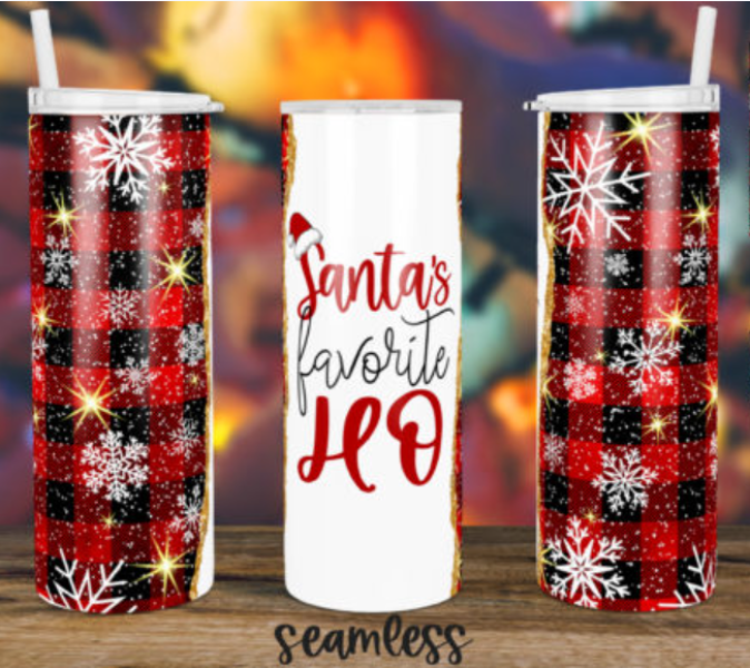 flannel pattern with the words " Santa's favorite Ho" on a tumbler 20 oz