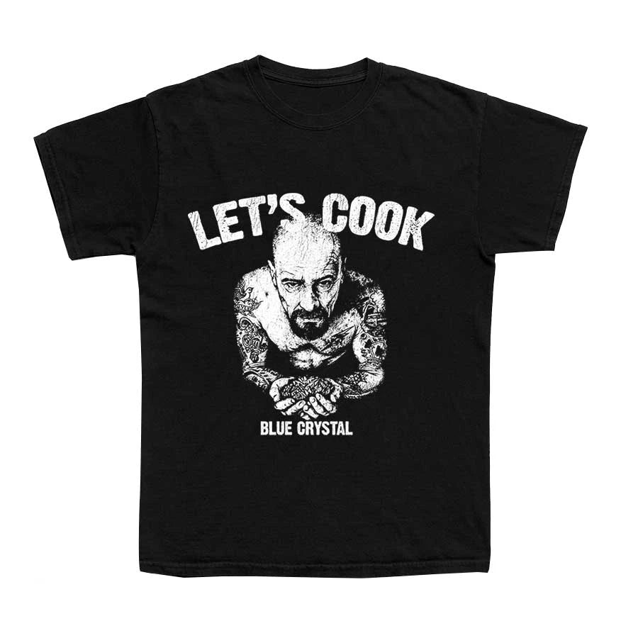 A black t shirt with a close arial view of Walter White/ Heisenberg shirtless with tattos with the words "Let's cook" and "Blue Crystal"