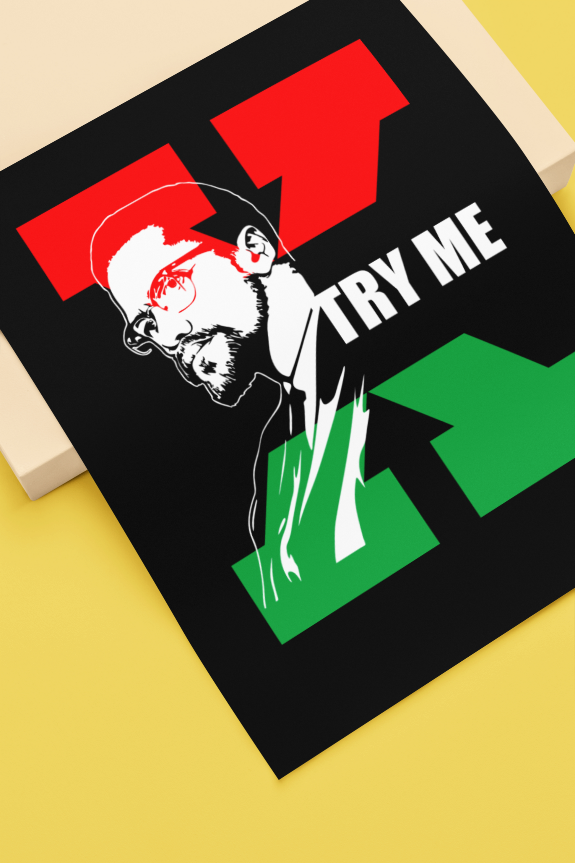 a sketch of Malcolm X with a Red and Green X behind him and the words "Try Me' next to him in white letters.